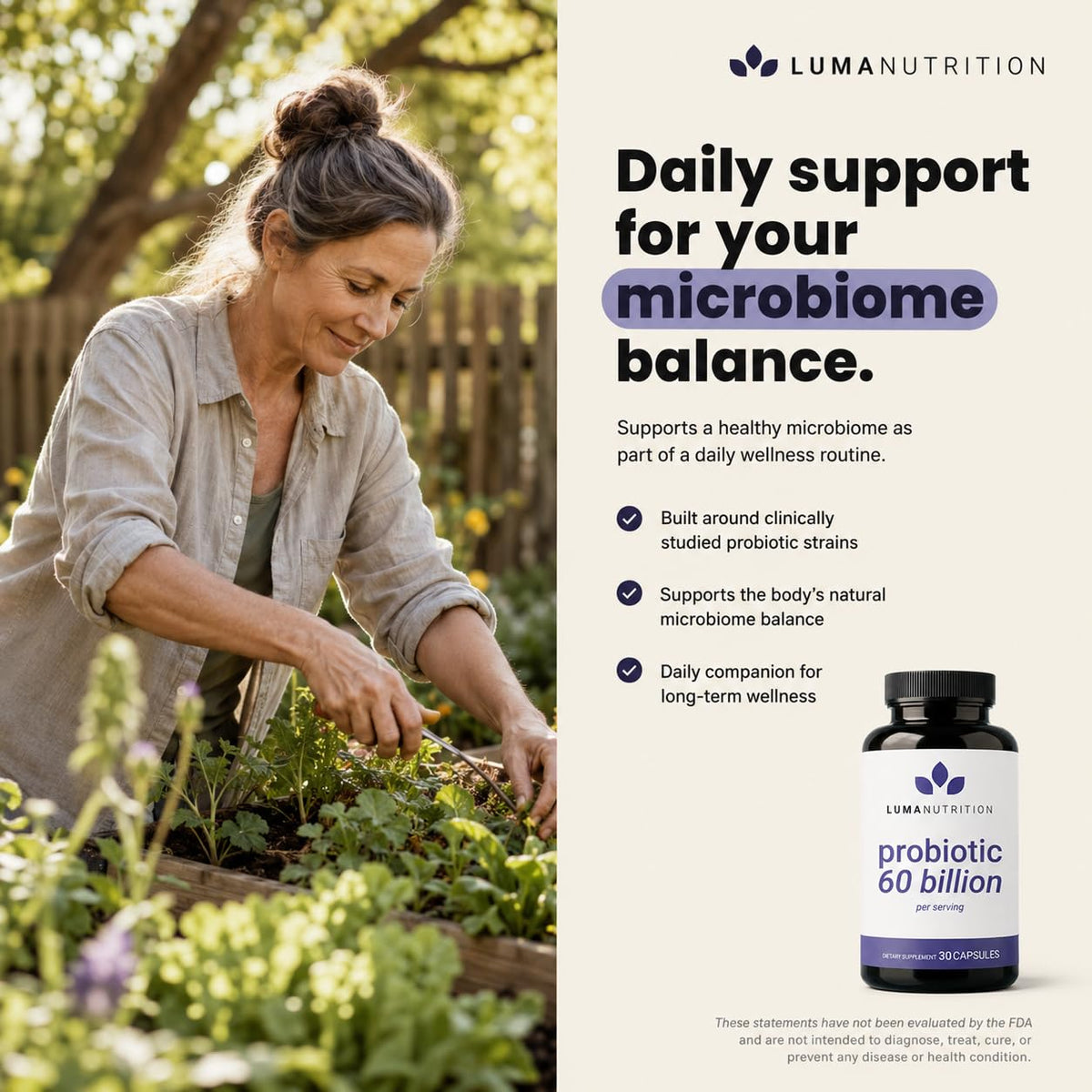 Luma Nutrition Probiotiques avec étiquette visible