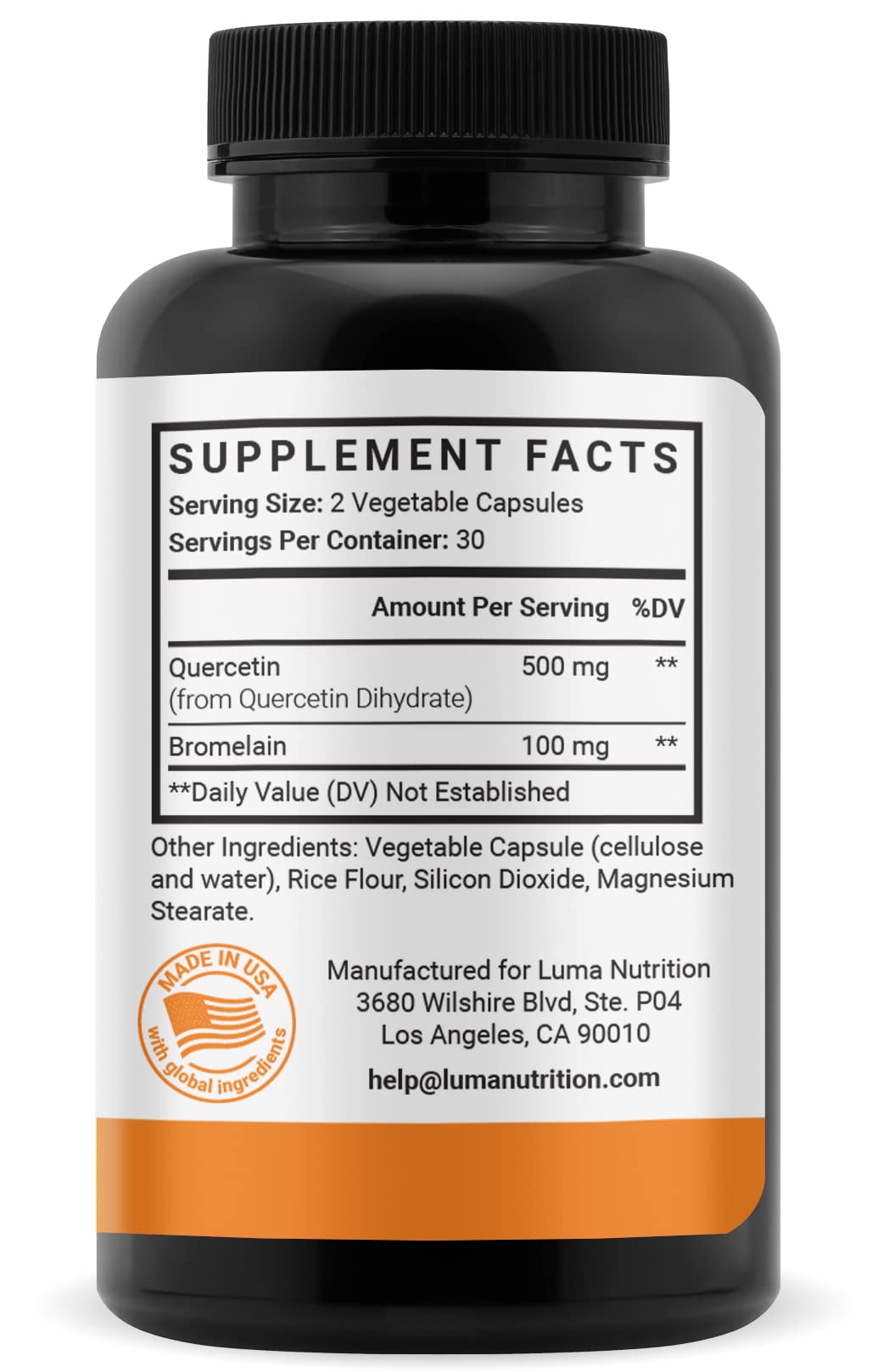 Luma Nutrition Quercétine 500mg avec Bromélaïne, capsules à l'intérieur du flacon