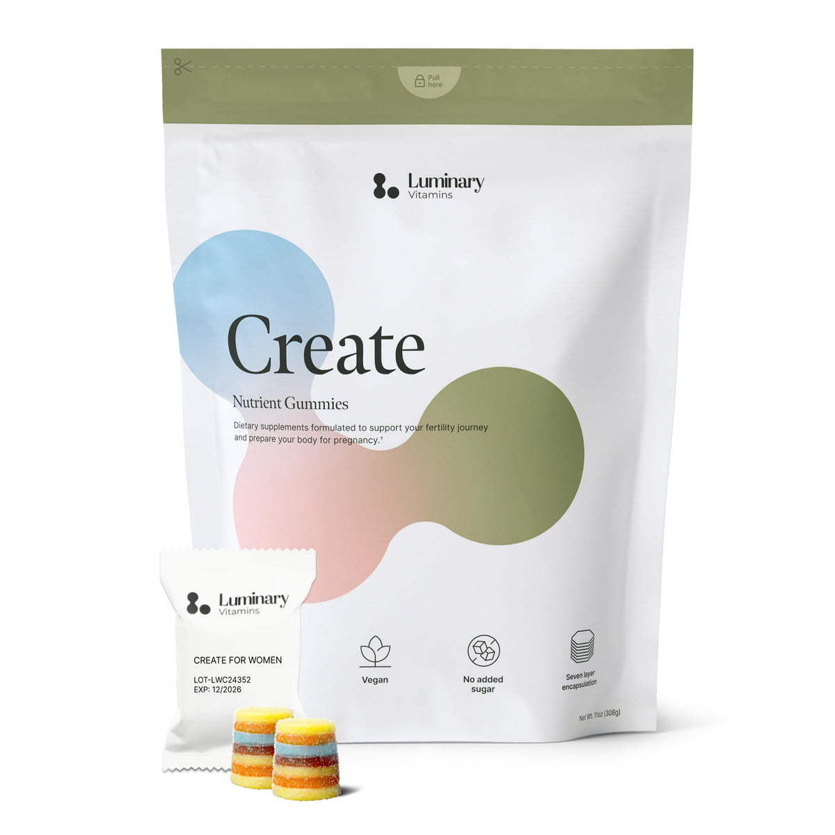 Luminary Vitamins Create pour Femmes gummy avec CoQ10 et Fer, vue de face