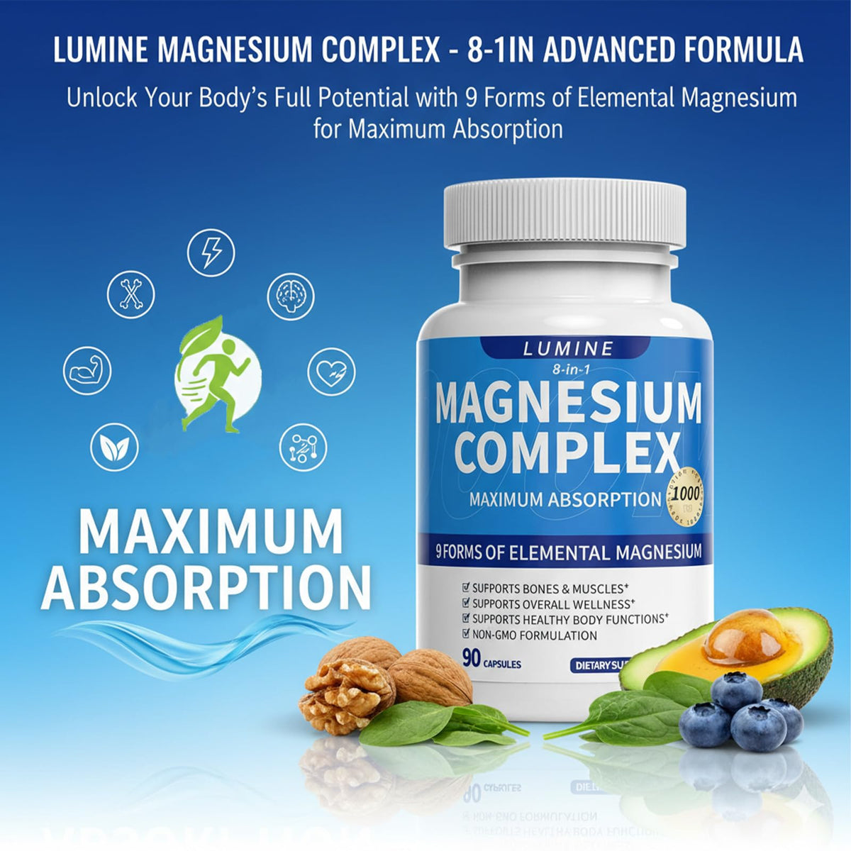 LUMINE Complément Alimentaire Magnésium 1000mg 90 Capsules contenant