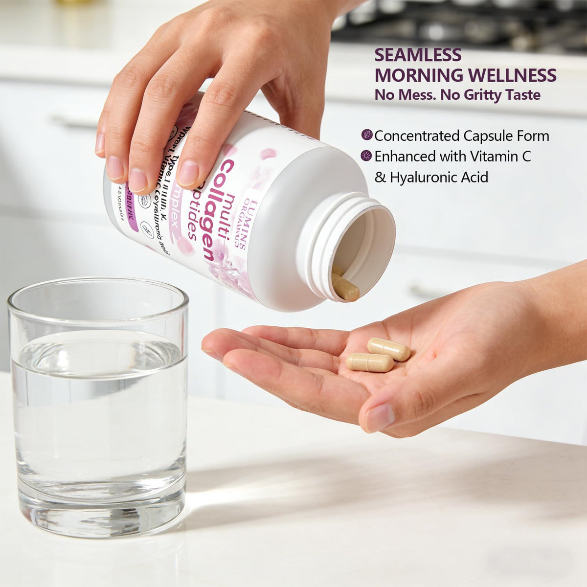 Lumine Organics Collagène capsules avec étiquette détaillée