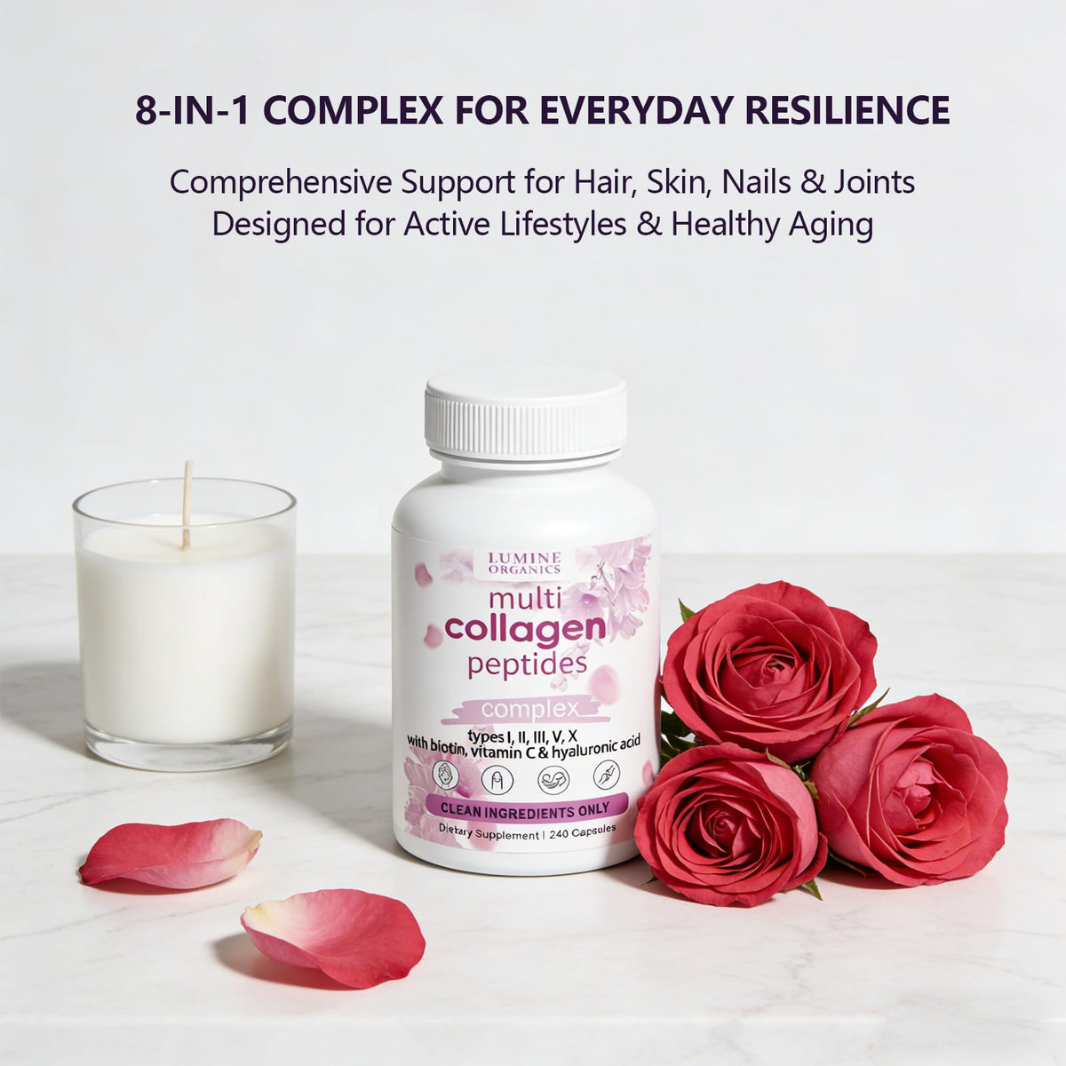 Lumine Organics Collagène capsules ouvertes sur une table