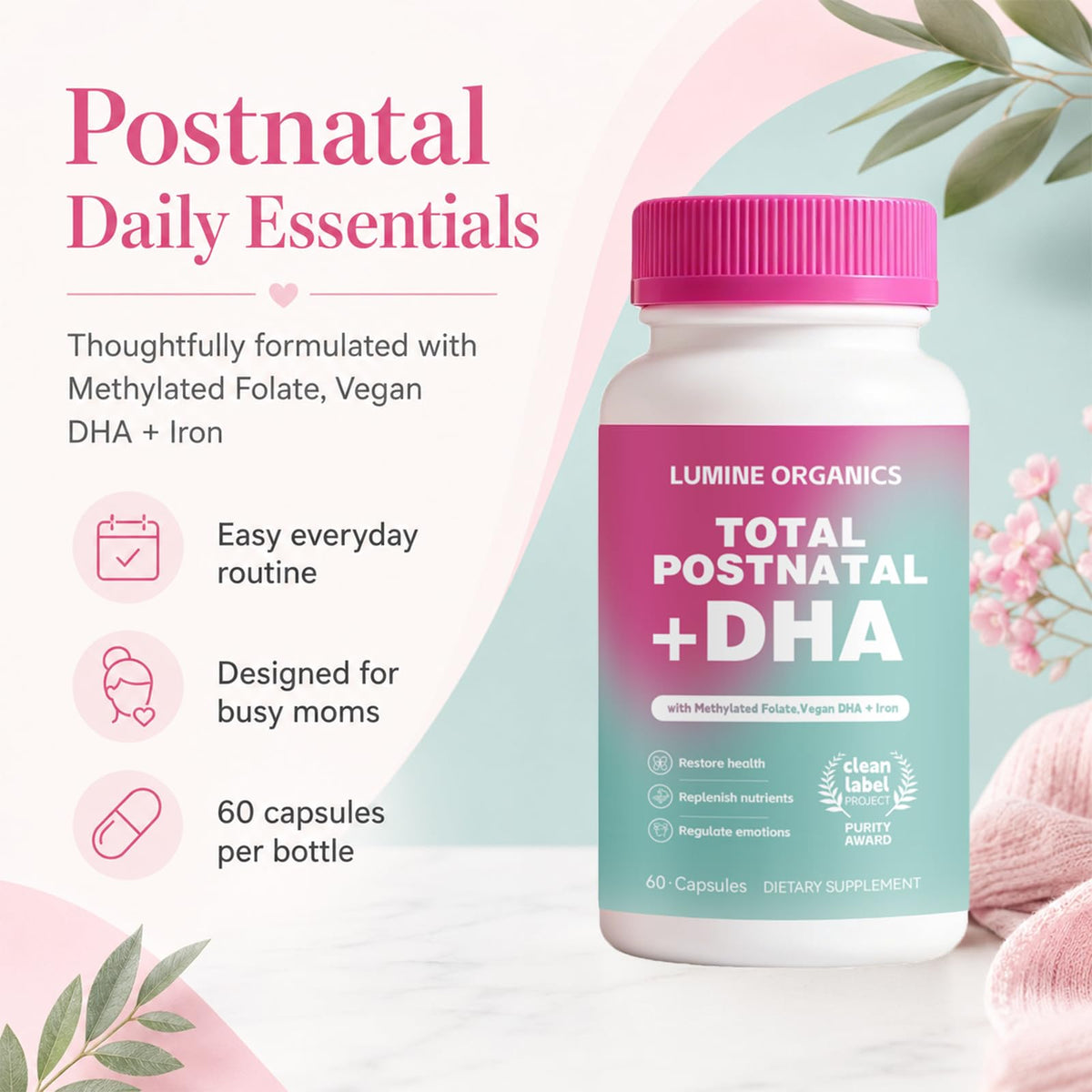 Lumine Organics Postnatal capsules avec ingrédients