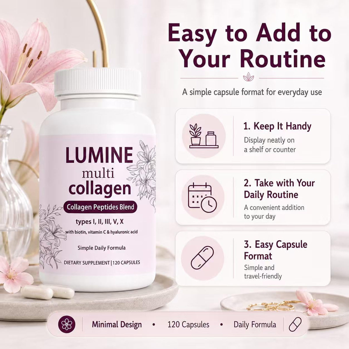 LUMINE Peptides de Collagène capsules à côté d'un verre d'eau