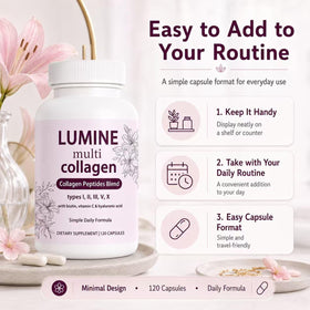 LUMINE Peptides de Collagène capsules à côté d'un verre d'eau
