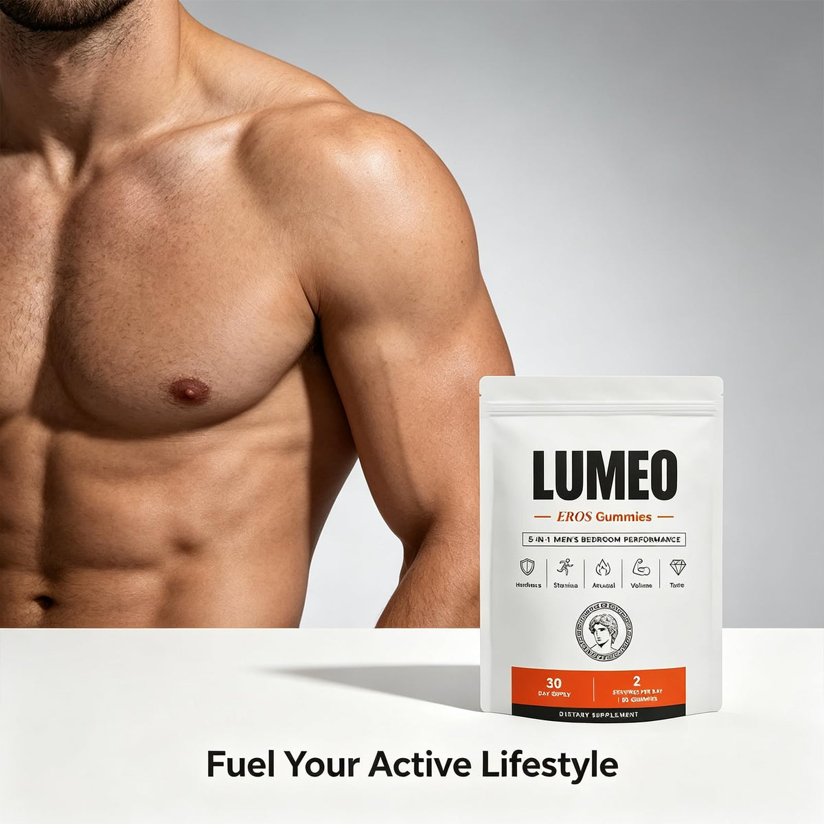 Lumvelle Health Lumeo Eros Gummies avec des fruits frais en arrière-plan