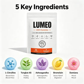 Lumvelle Health Lumeo Eros Gummies avec une main tenant un gummy