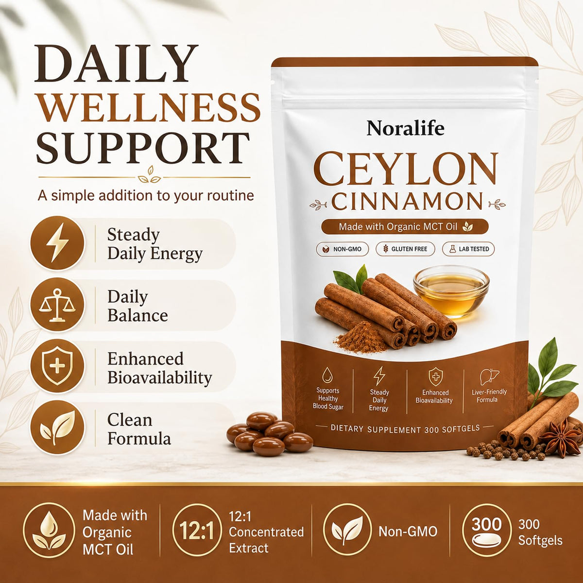 Lumvelle Organics Gélules de Cannelle de Ceylan 300 Softgels, gélule sur fond blanc