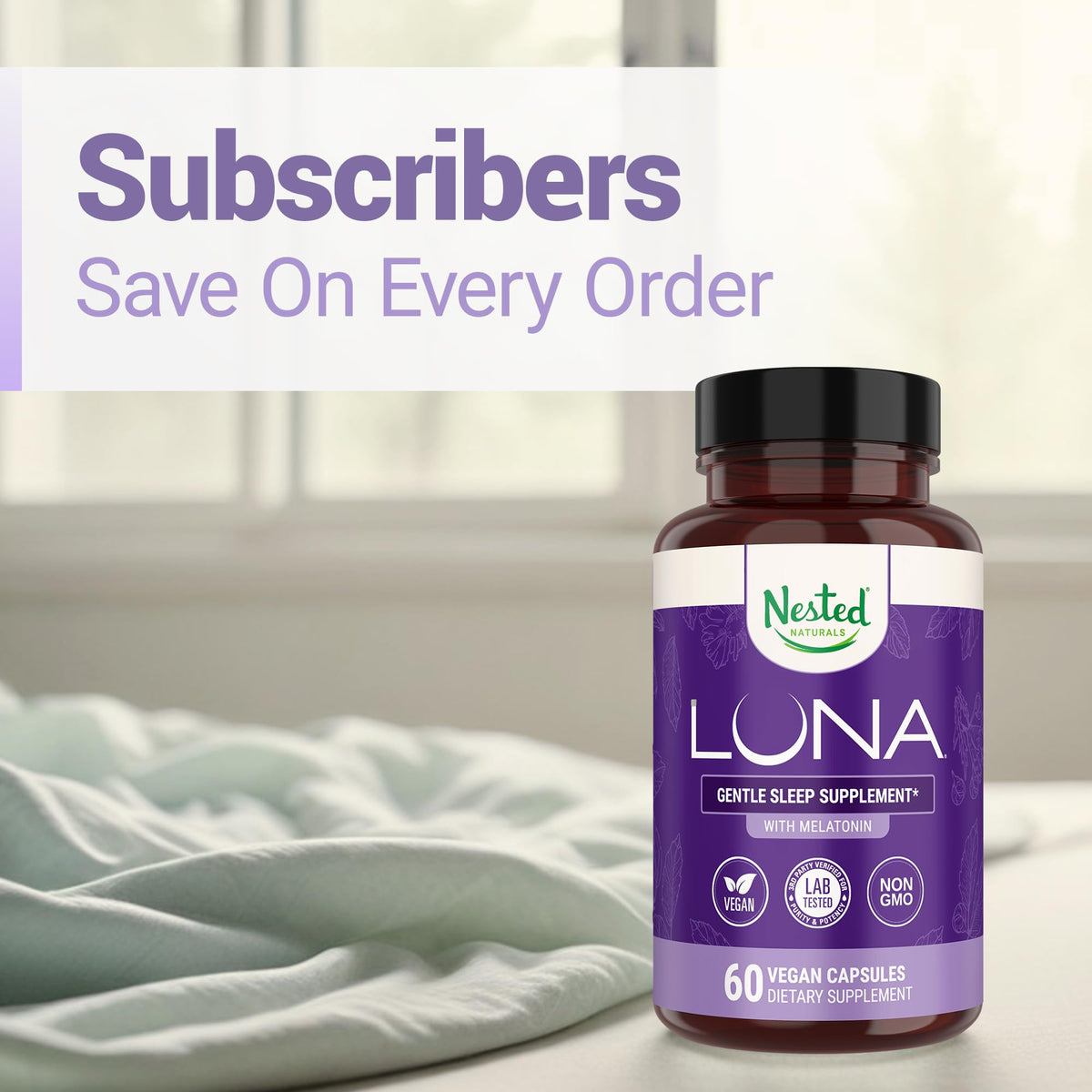 Luna Complément Alimentaire, capsules végétales avec des plantes en arrière-plan