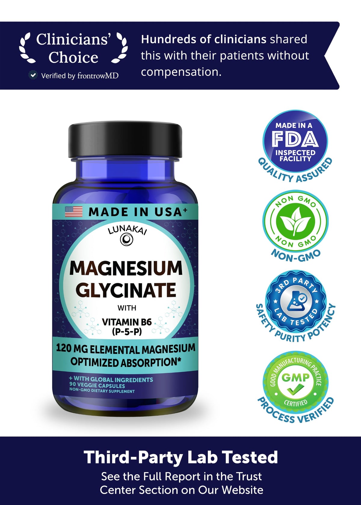 Lunakai Capsules de Glycinate de Magnésium Pur 120 mg, arrière