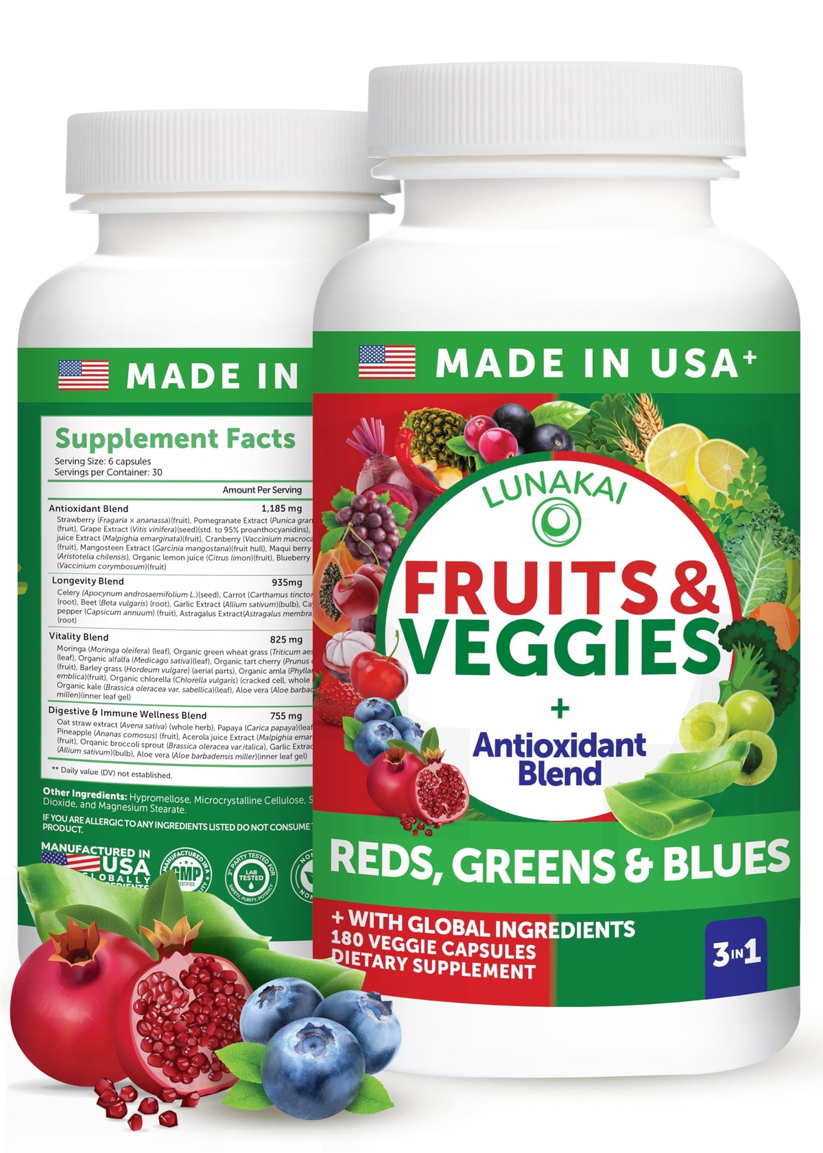 Lunakai complément alimentaire fruits et légumes 180 capsules vue de face