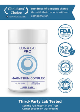 Lunakai complexe de magnésium 7-en-1 405mg capsules sur fond blanc