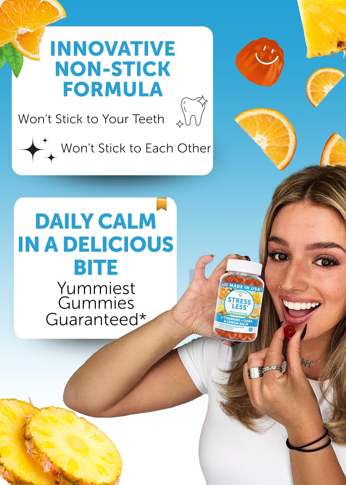 Lunakai Gummies Calm 60ct avec ingrédients naturels en arrière-plan