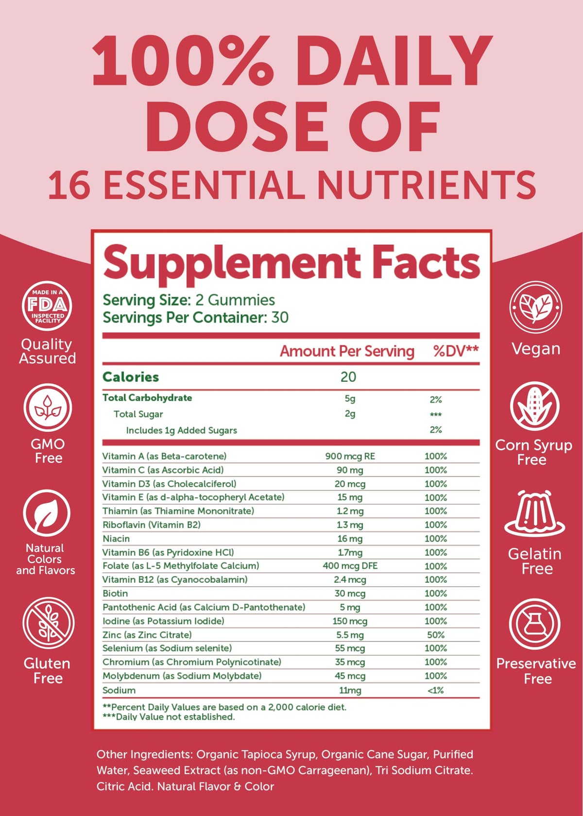 Lunakai Gummies Multivitamines Femmes 60 Ct - étiquette avec informations nutritionnelles