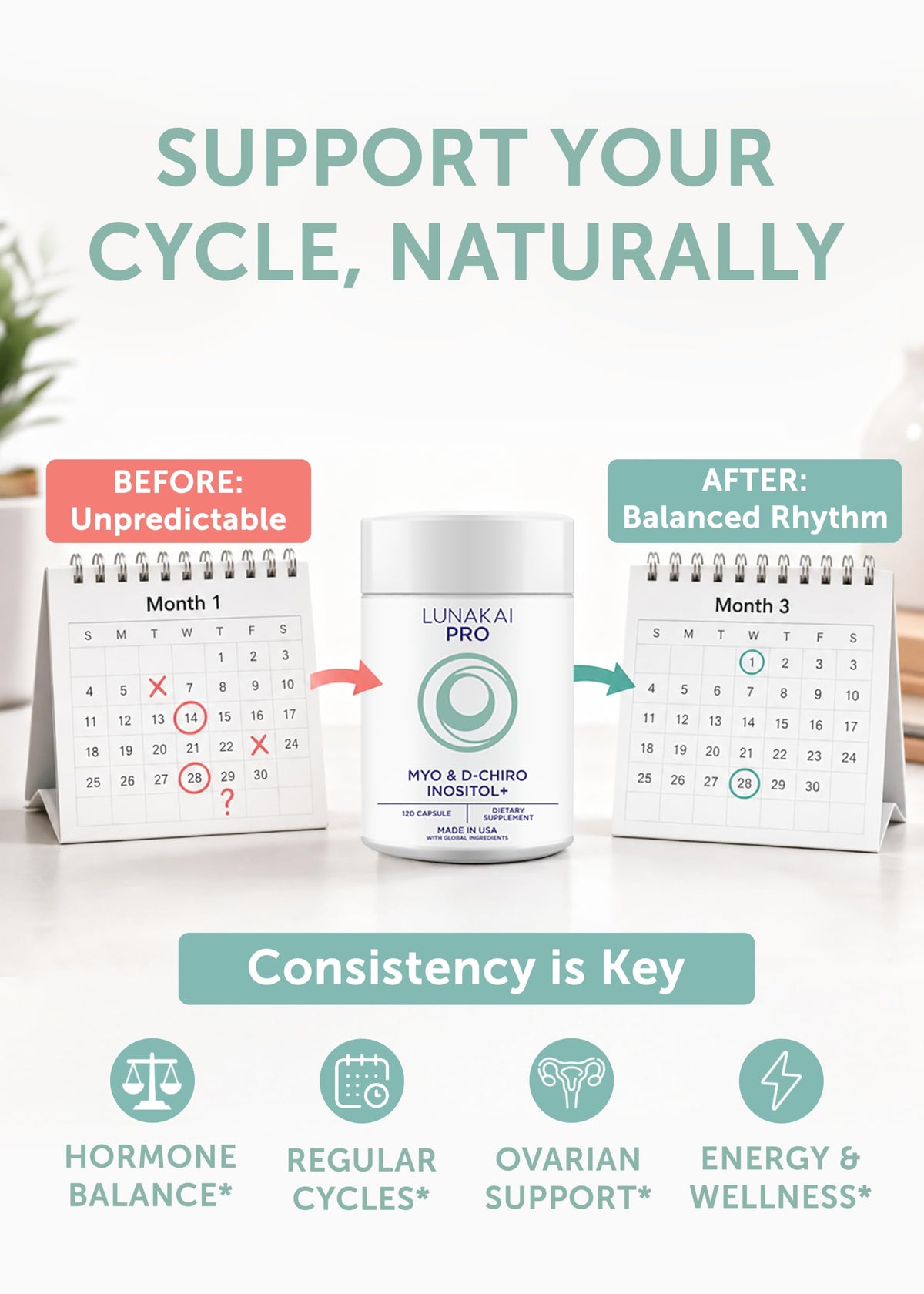 Lunakai Myo-Inositol D-Chiro Inositol avec des ingrédients sur la table