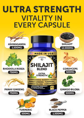 Lunakai Shilajit Pur capsules ouvertes montrant la taille