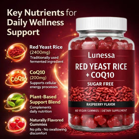 Lunessa Riz Rouge 2400mg gummies à côté d'une cuillère