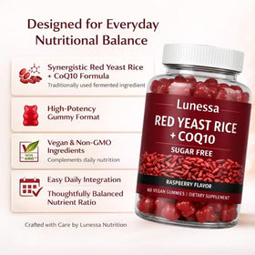 Lunessa Riz Rouge 2400mg gummies sur table en bois