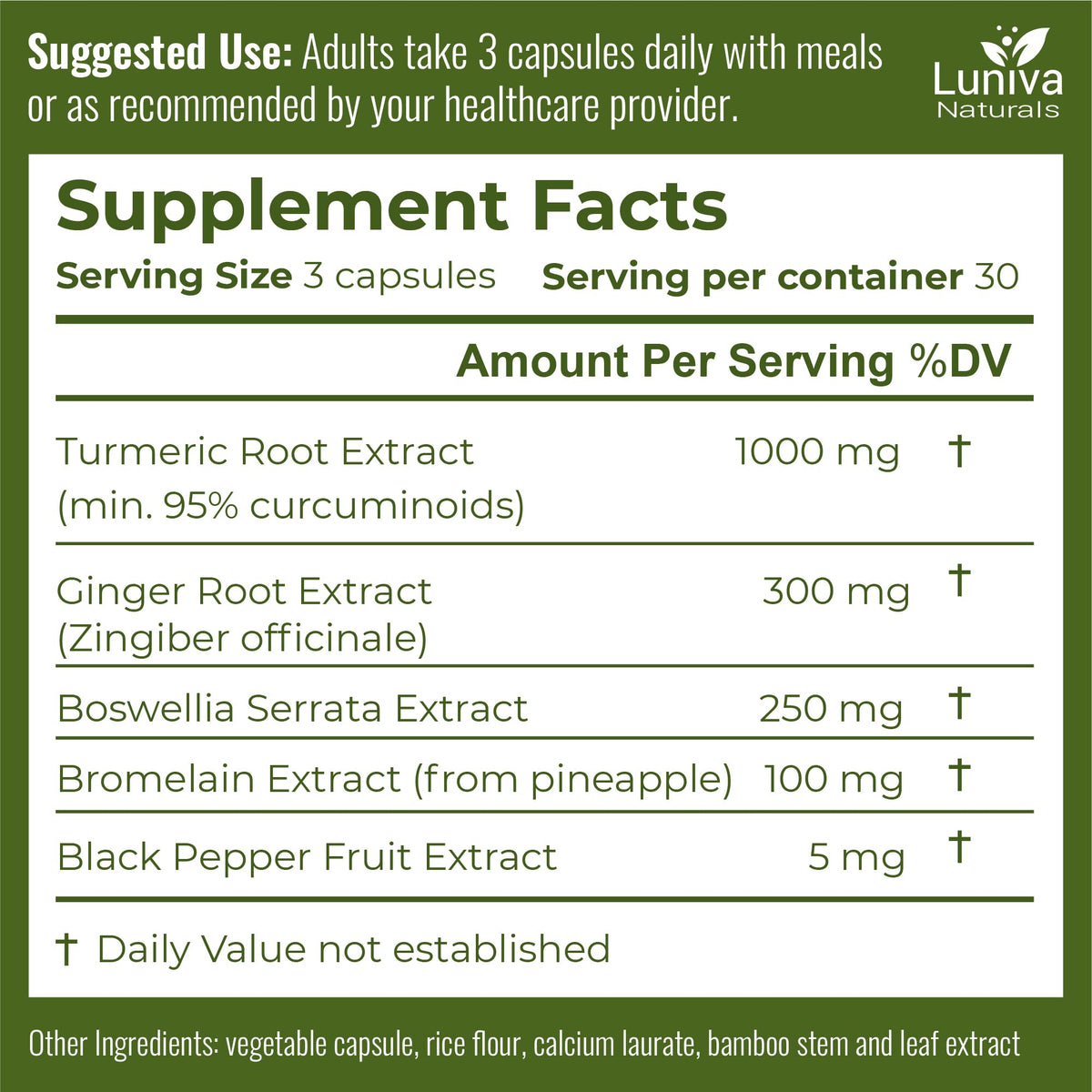 Luniva Naturals Complément Alimentaire Curcuma 90 Capsules sur une table