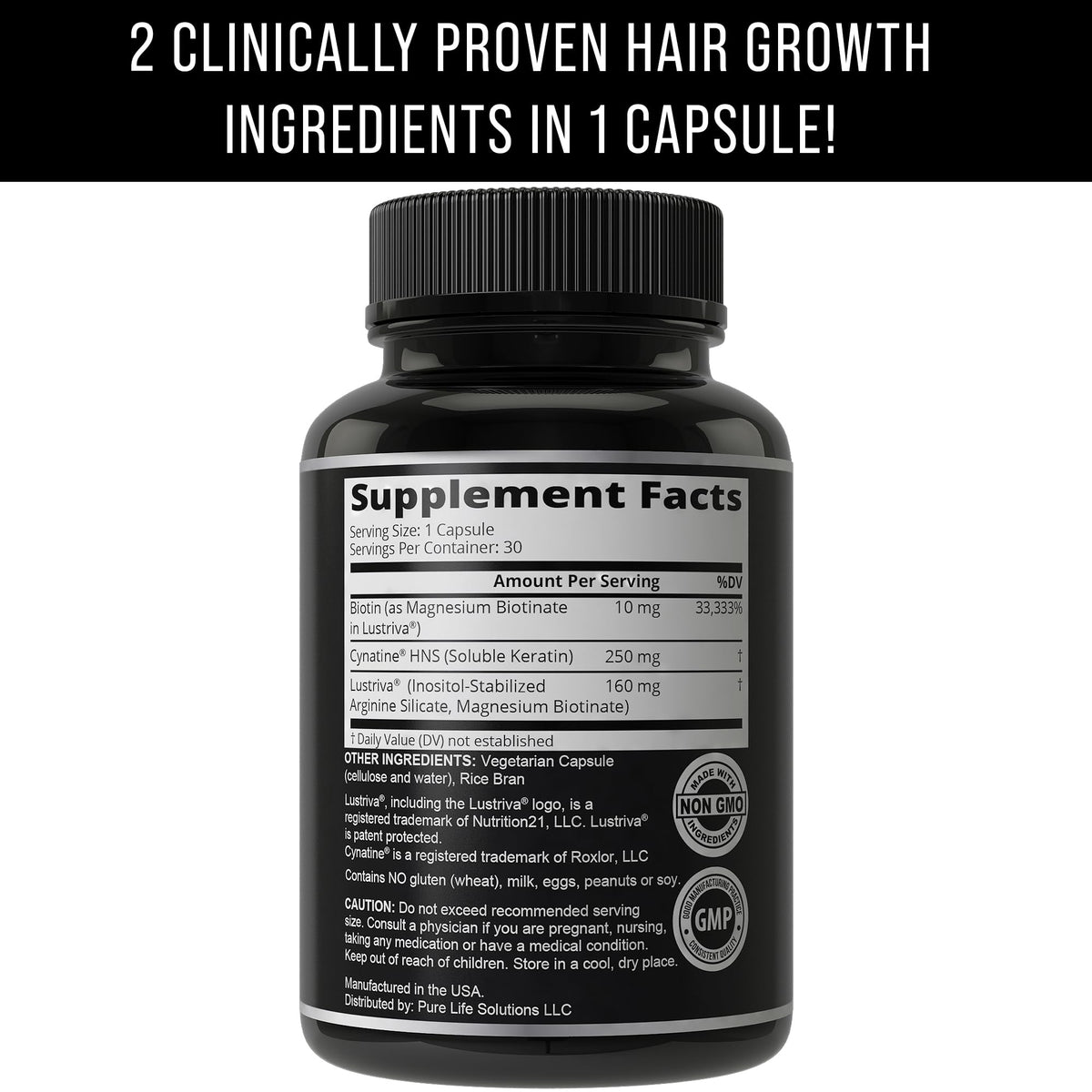 Lustriva Hair Growth Supplement avec ingrédients sur l'étiquette