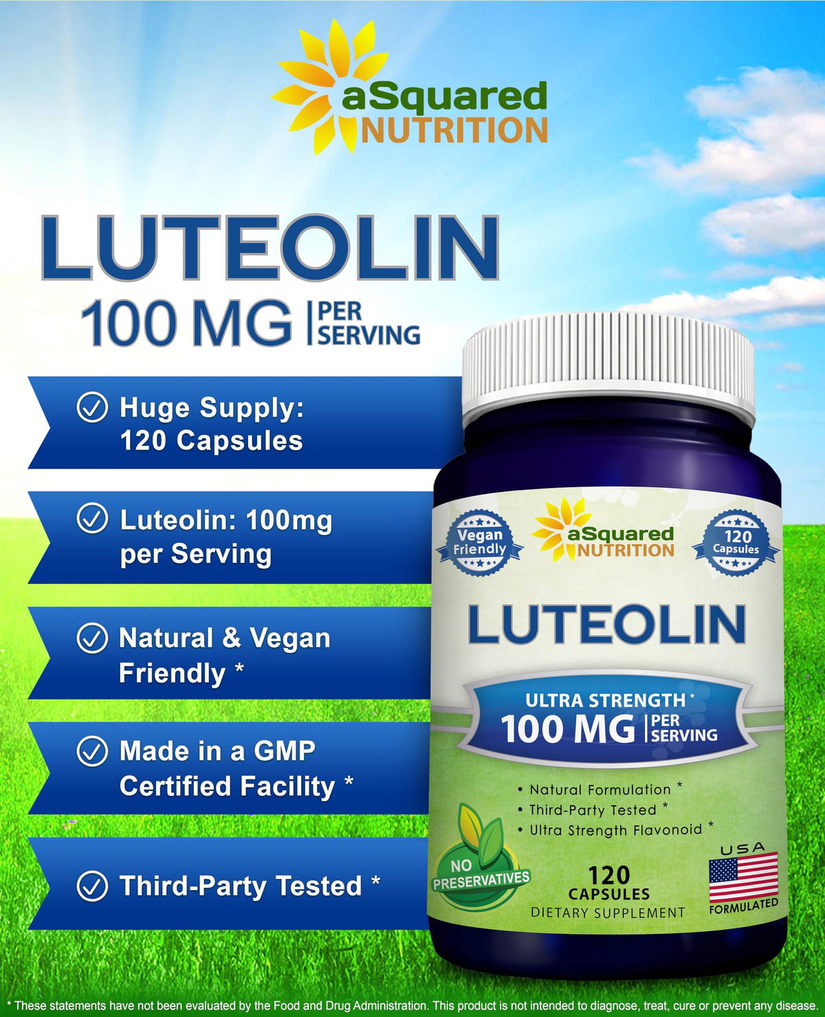 Luteolin 100mg 120 capsules aSquared Nutrition avec des fruits en arrière-plan
