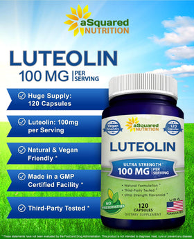 Luteolin 100mg 120 capsules aSquared Nutrition avec des fruits en arrière-plan