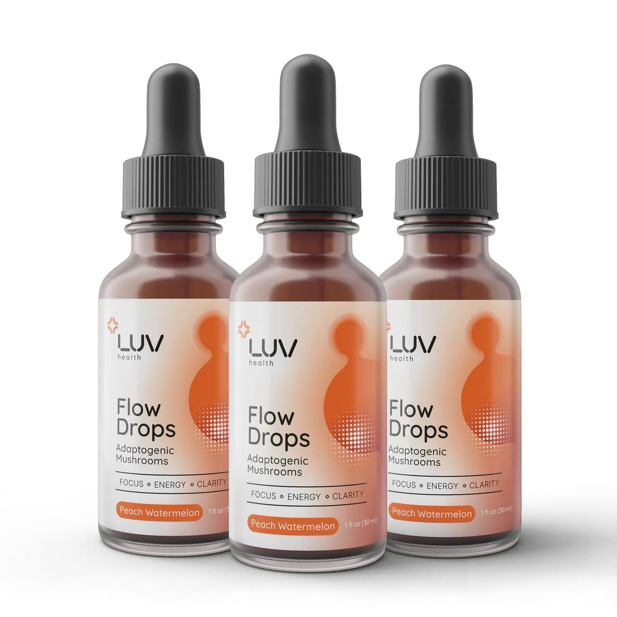 LUV health Flow Drops® flacon avant avec étiquette détaillant les ingrédients