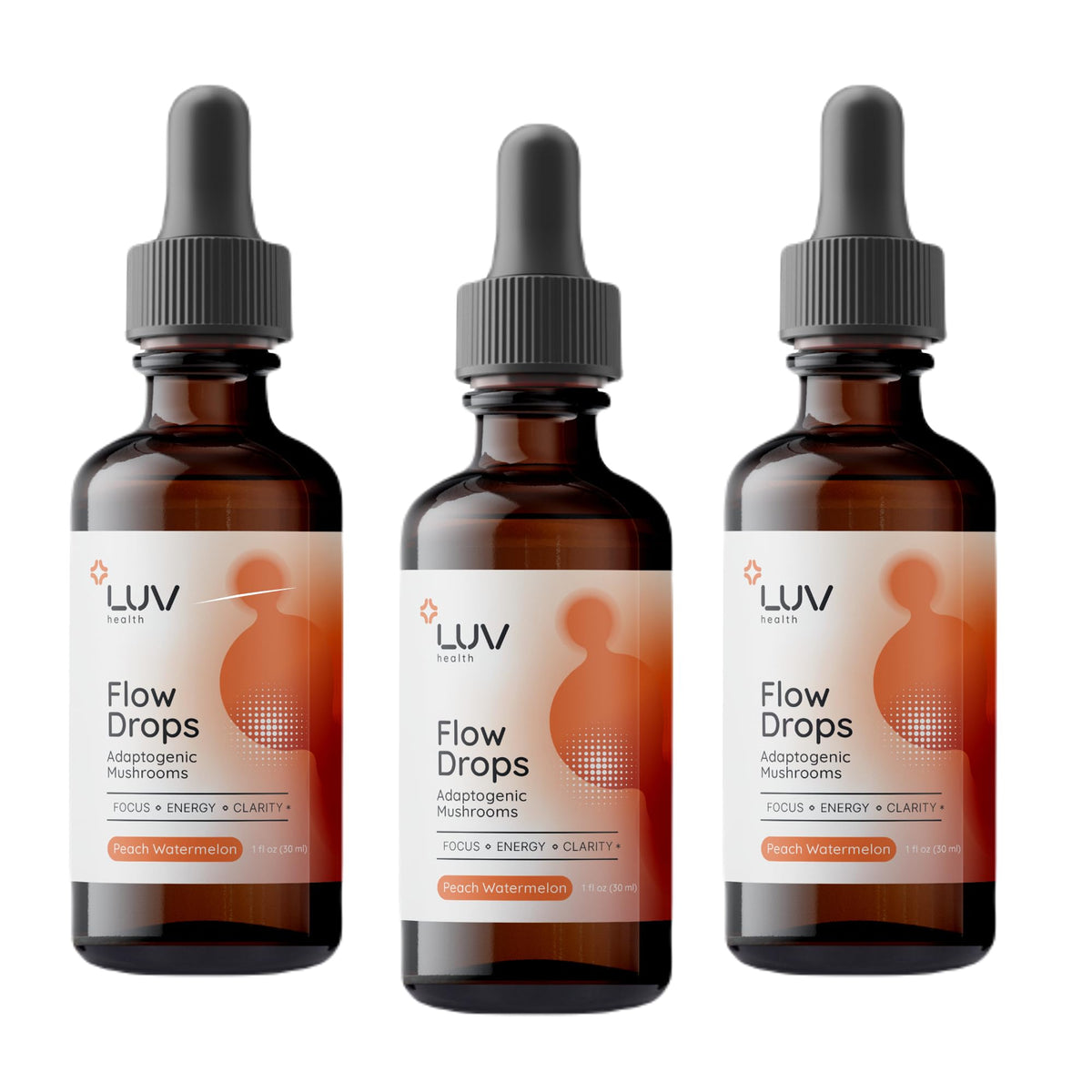 LUV health Flow Drops® flacon sur une table avec d'autres compléments alimentaires