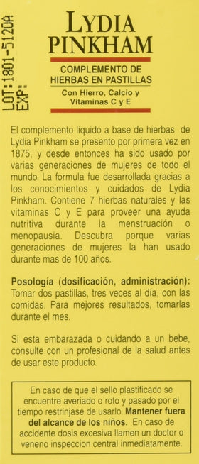 Lydia Pinkham comprimés avec description des ingrédients sur l'emballage
