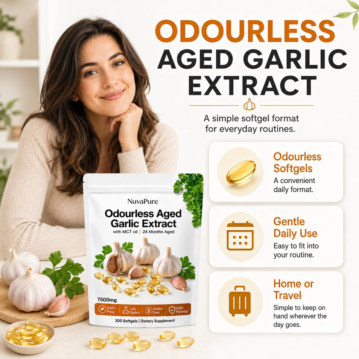 Lymphaire Aged Garlic 300 Softgels gélules ouvertes sur une surface