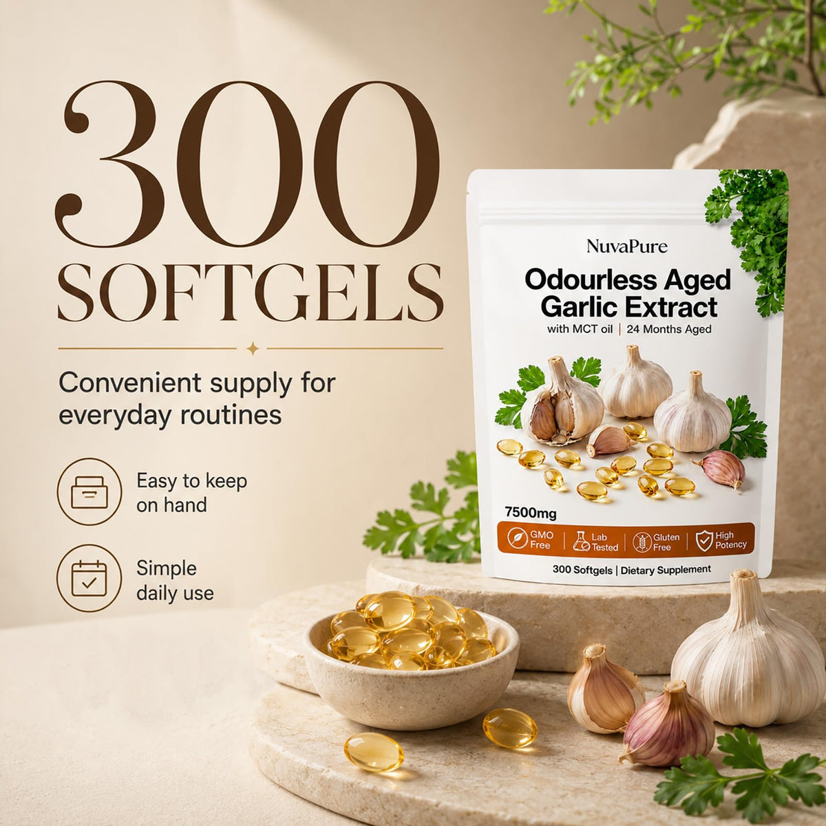Lymphaire Aged Garlic 300 Softgels vue de côté avec lumière