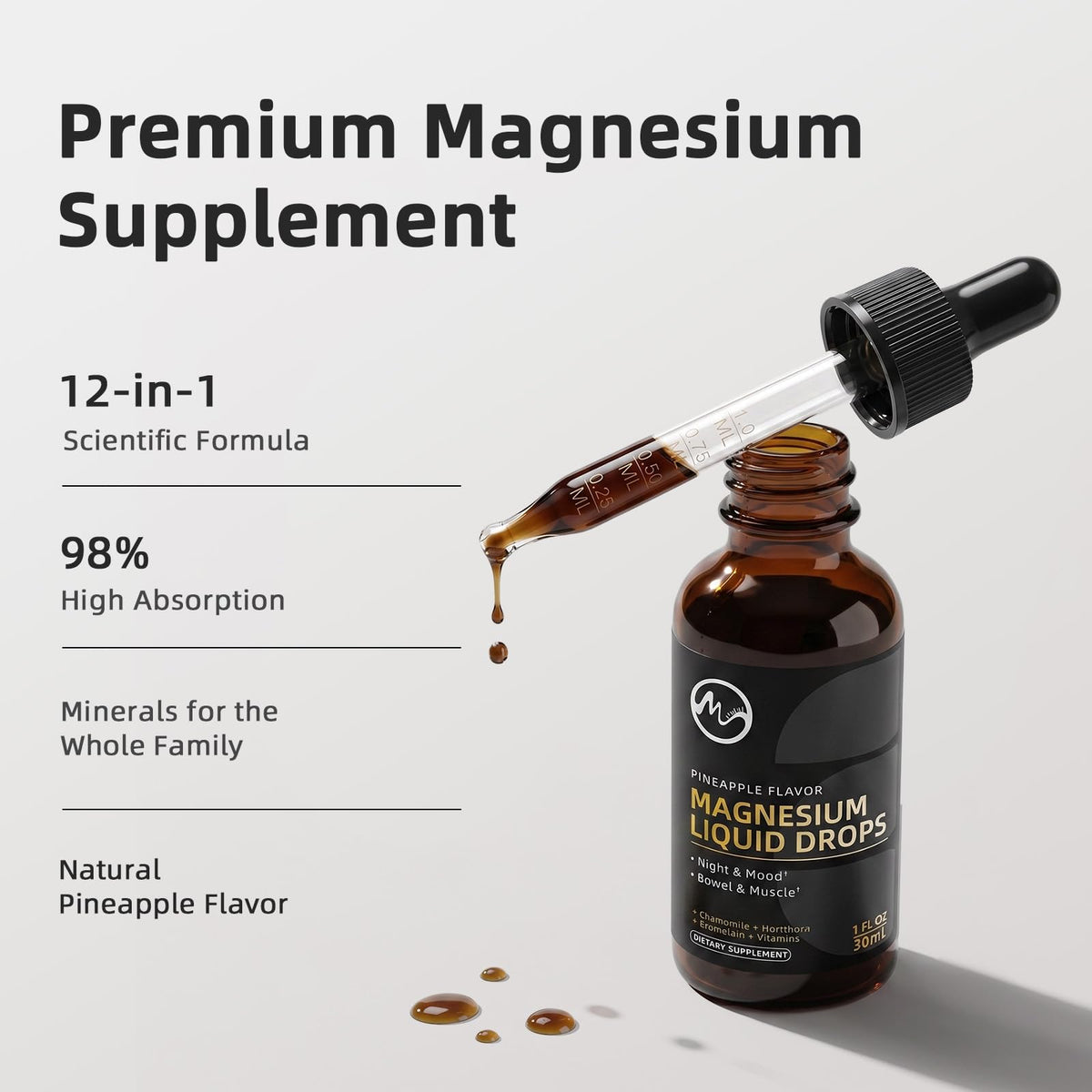M inch Magnésium Glycinate Liquide 30 mL dans un verre d'eau