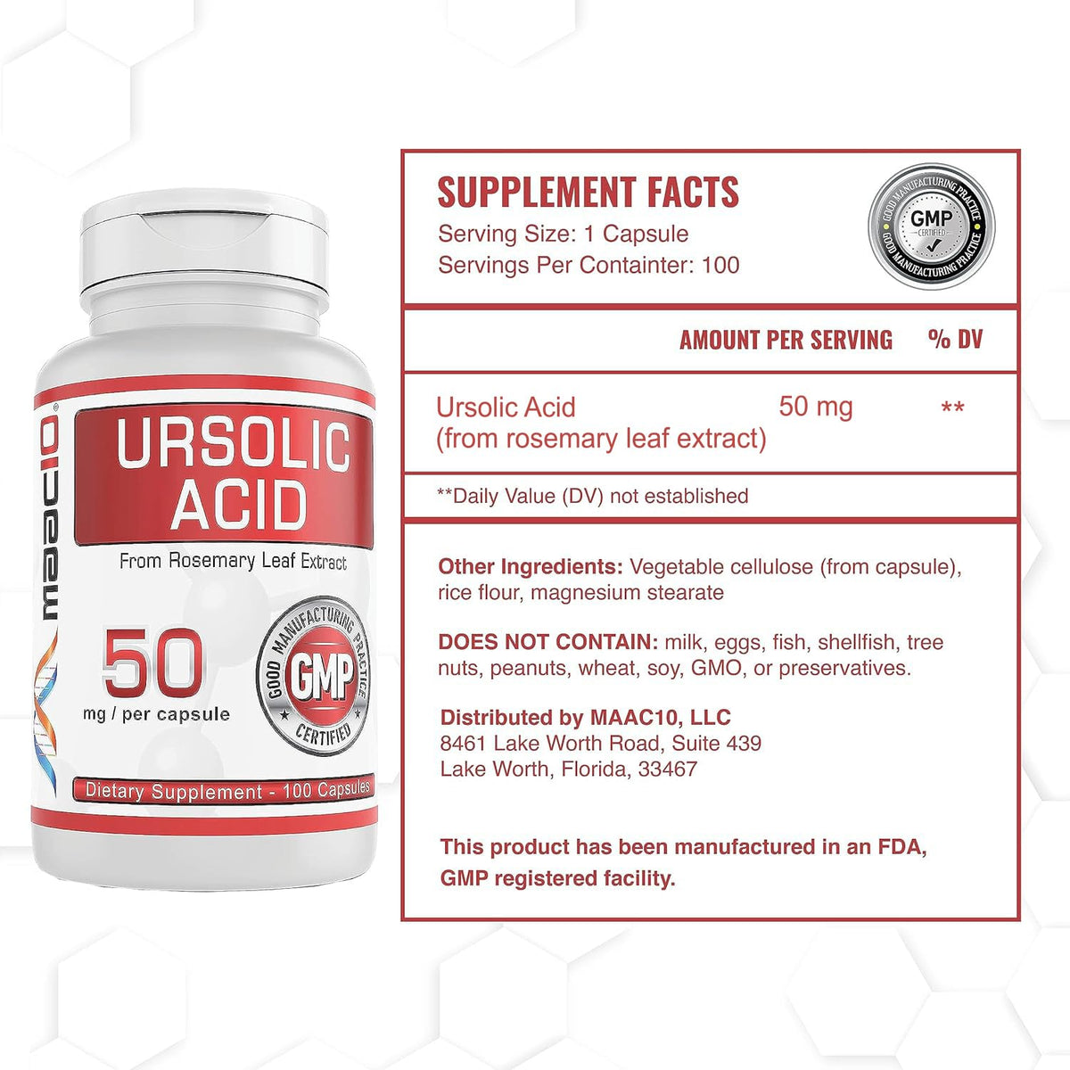 MAAC10 Acide Ursolique 50mg sur fond blanc