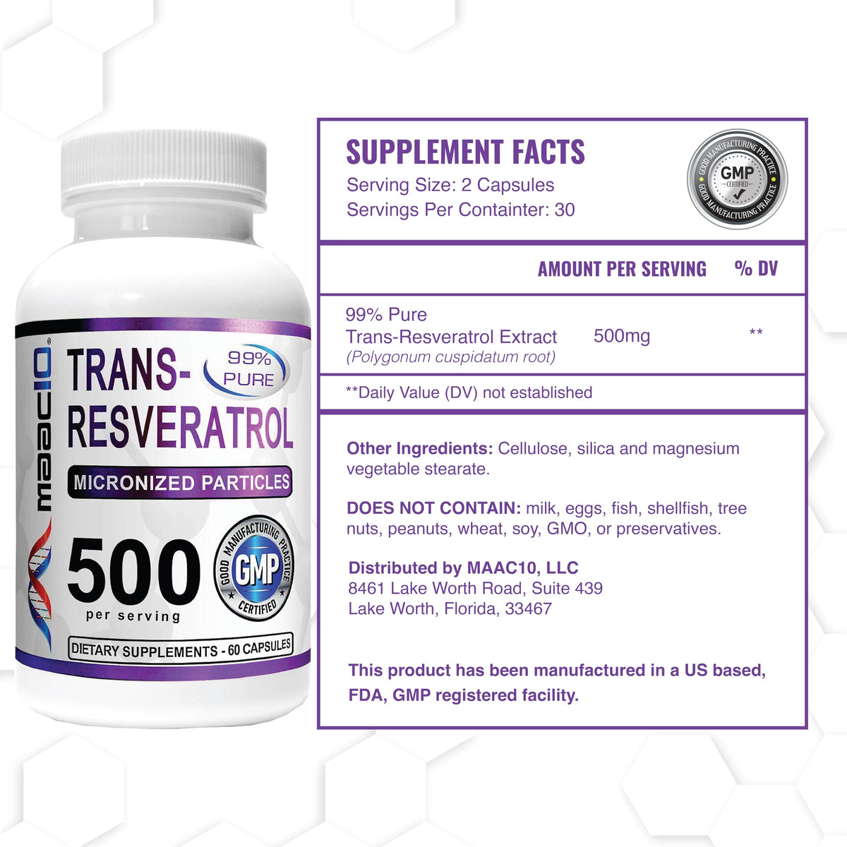 MAAC10 Trans-Resvératrol 500mg flacon ouvert avec capsules
