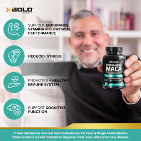 Maca et ashwagandha représentés avec le complément X Gold Health