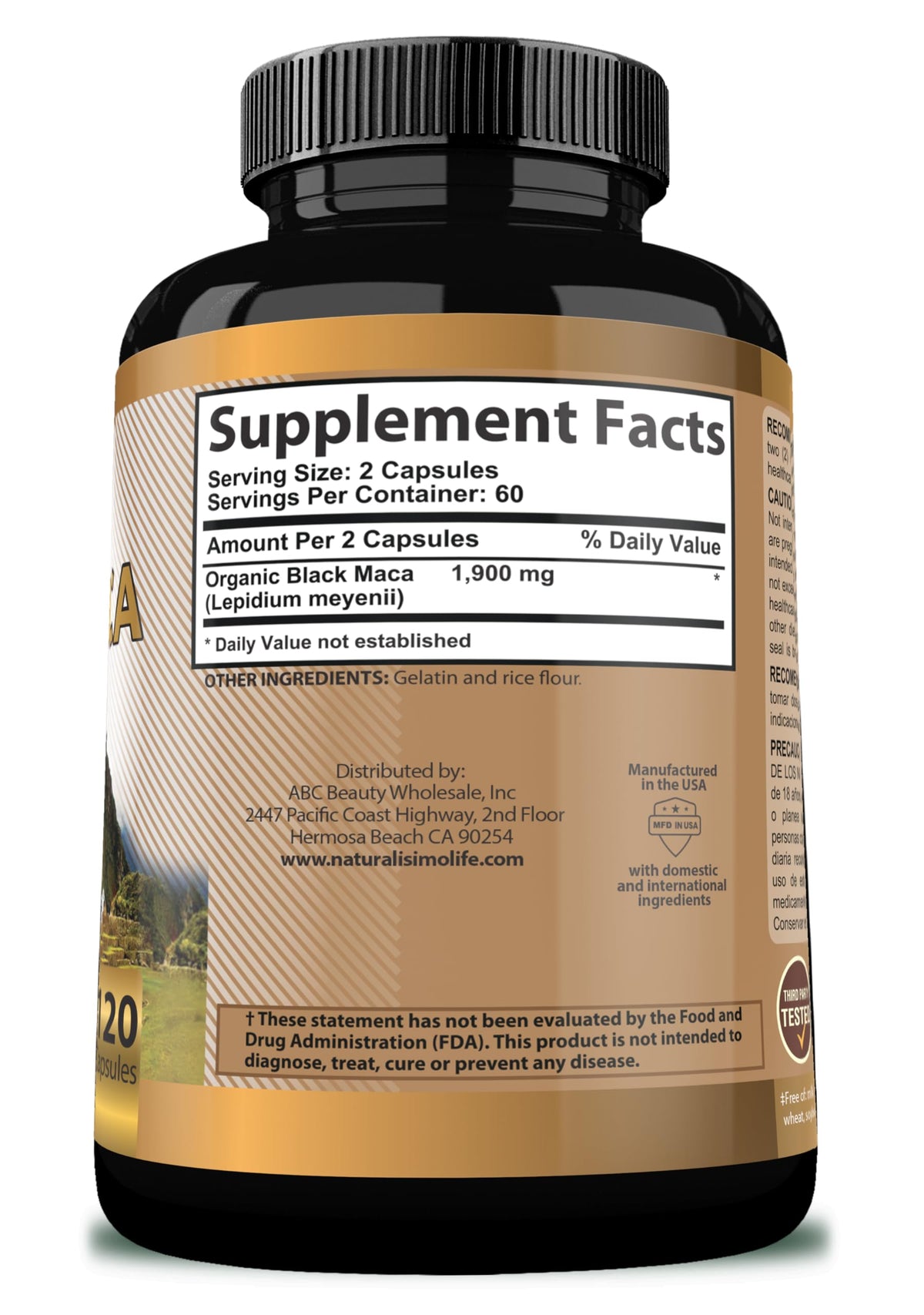 Maca Noire Bio 120 capsules sur surface en bois