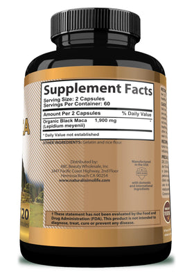 Maca Noire Bio 120 capsules sur surface en bois