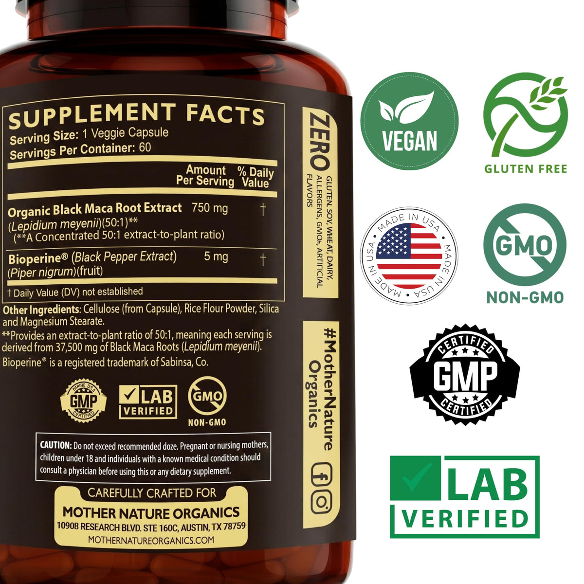 Maca Noire Bio 50:1 750mg sur fond blanc