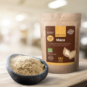 Maca Noire Bio Poudre Gélatinisée MARAS GOURMET dans un bol
