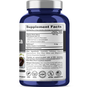 Maca Noire Péruvienne NusaPure 750 mg, capsules sur fond blanc