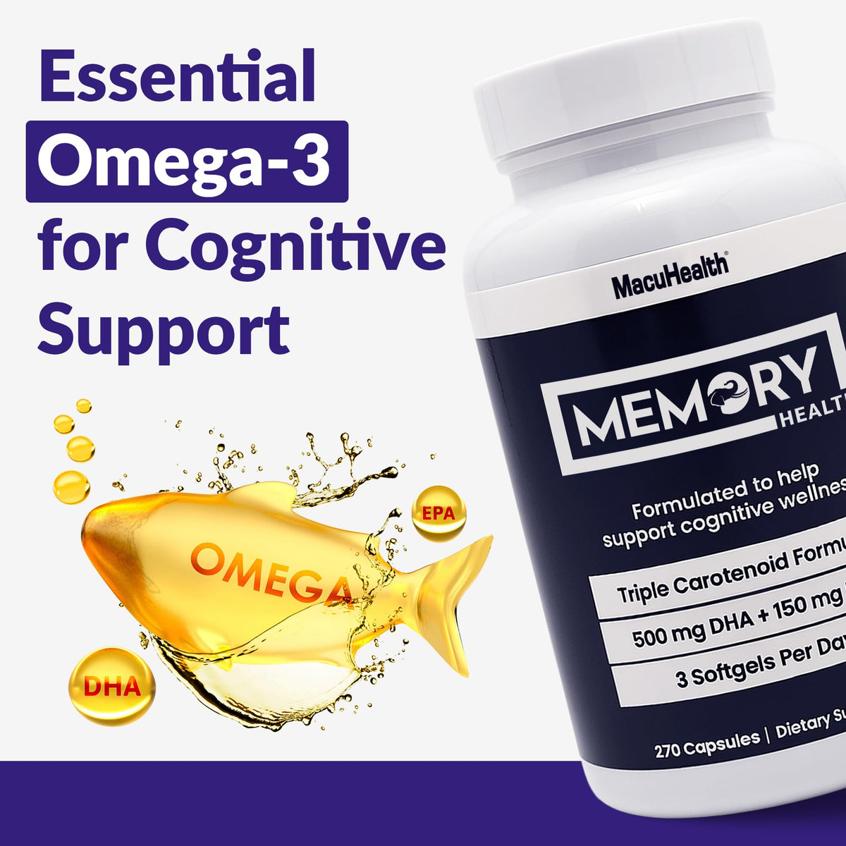 Macuhealth Omega 3 capsules molles sur une surface blanche