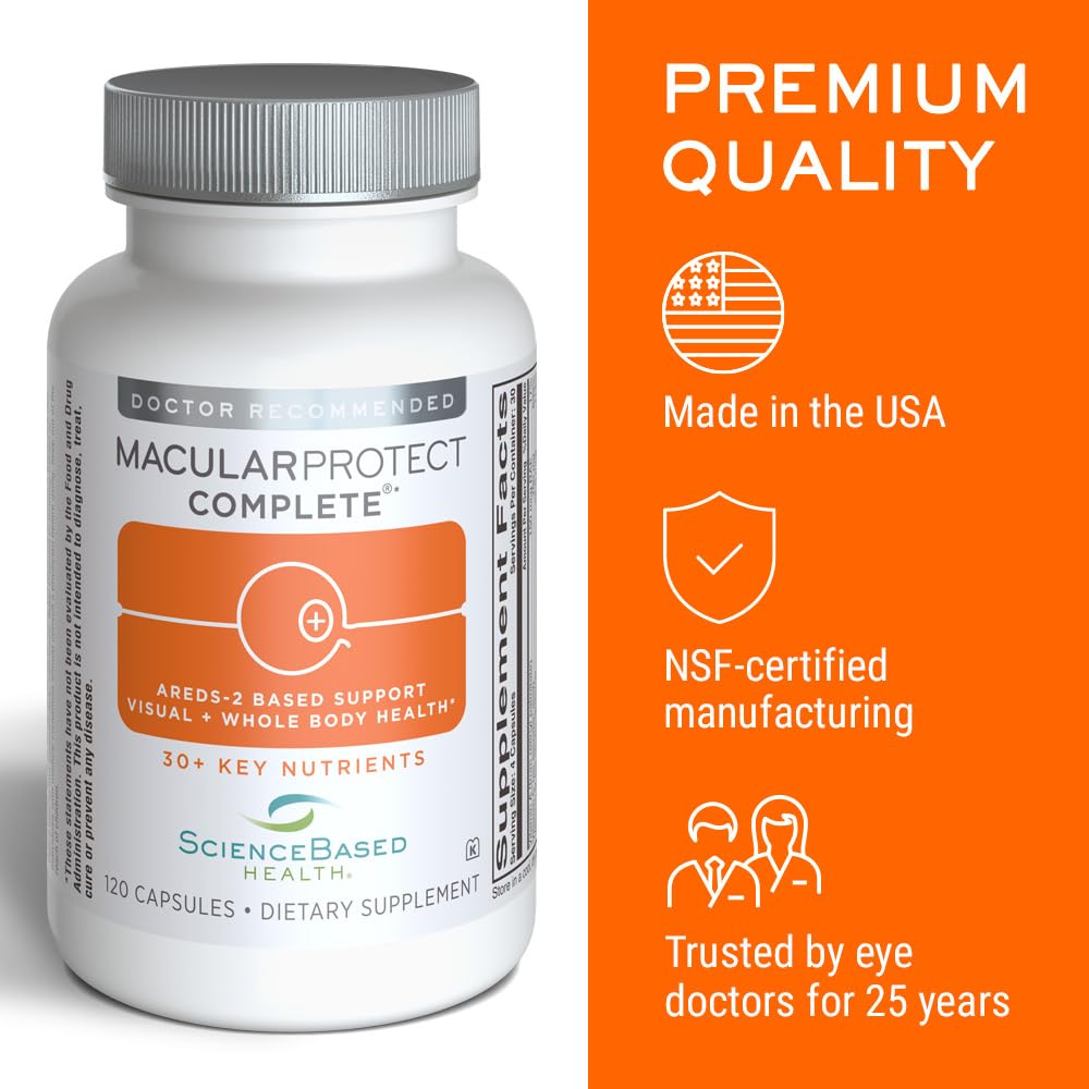 MacularProtect Complete AREDS 2 120 Ct flacon ouvert montrant les comprimés