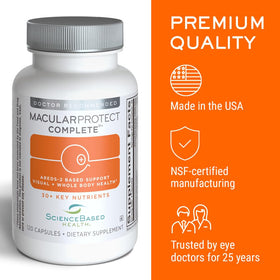 MacularProtect Complete AREDS 2 120 Ct flacon ouvert montrant les comprimés