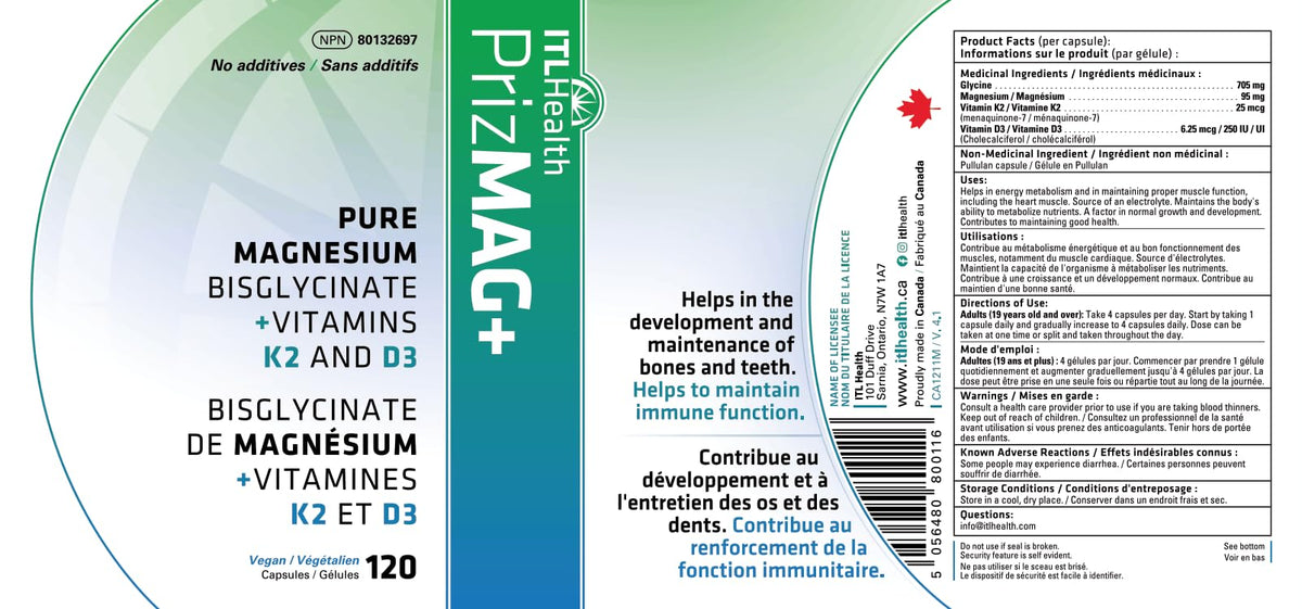 Mag365 PrizMAG Plus capsules, informations nutritionnelles sur l'emballage