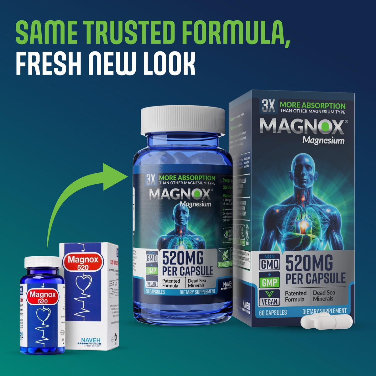 MAGNOX Complément Alimentaire Magnésium 520mg 60 Capsules Végétales avec étiquette