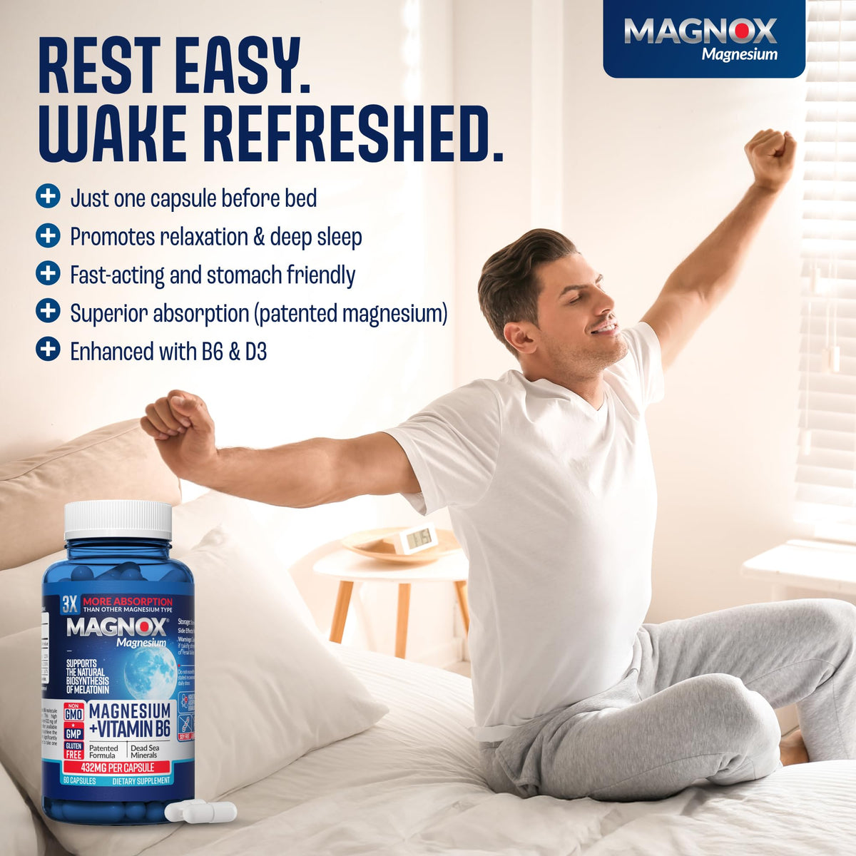 MAGNOX Complément Alimentaire Magnésium B6 D3 432mg 60 Capsules - dos de l'emballage