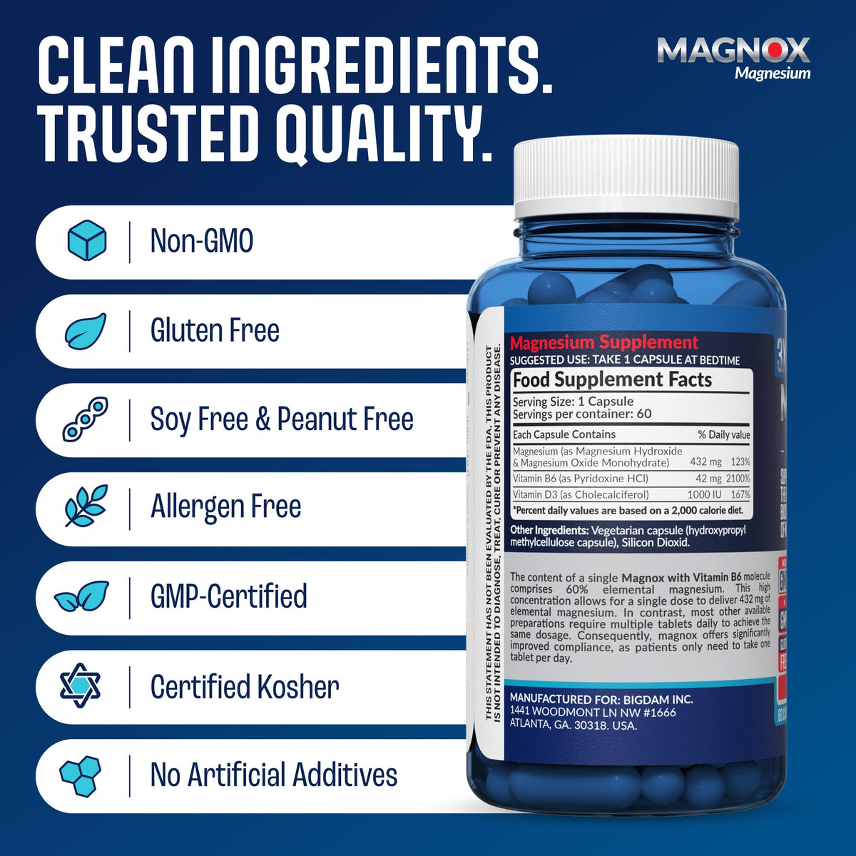 MAGNOX Complément Alimentaire Magnésium B6 D3 432mg - capsules sur une surface