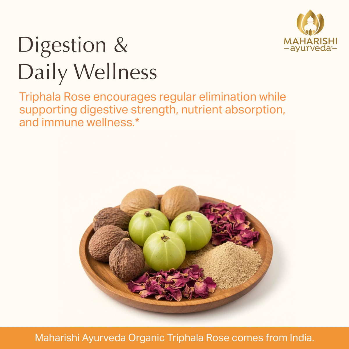 Maharishi Ayurveda Triphala Rose 1000 mg comprimés sur une table