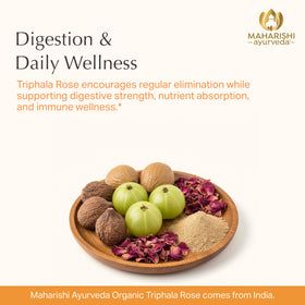 Maharishi Ayurveda Triphala Rose 1000 mg comprimés sur une table