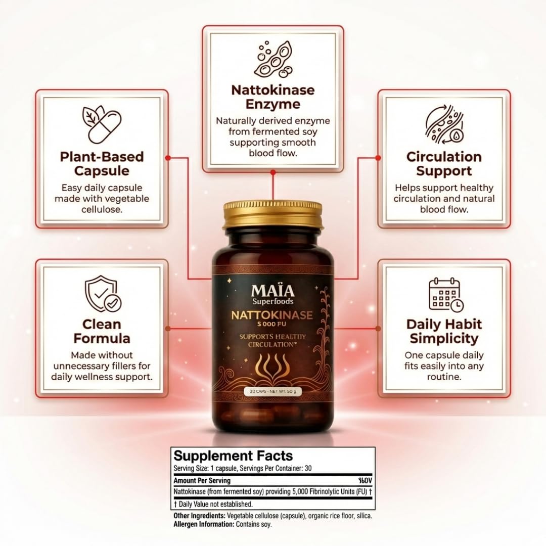 MAÏA SUPERFOODS Nattokinase 5000 FU à côté d'un verre d'eau